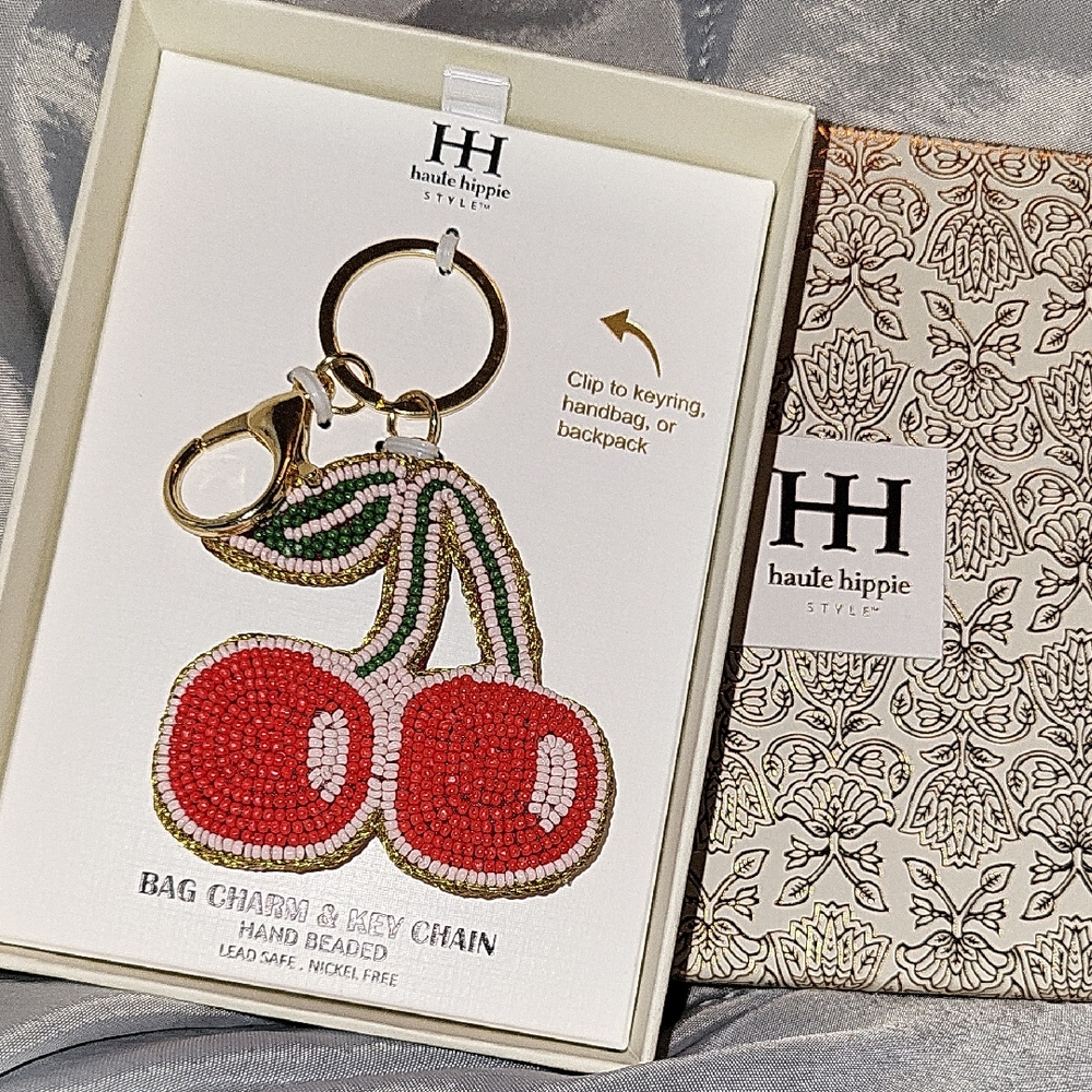 Haute Hippie Cherries Beaded Red and Green Key Chain Bag Charm Fob BNIB Rt M LS
